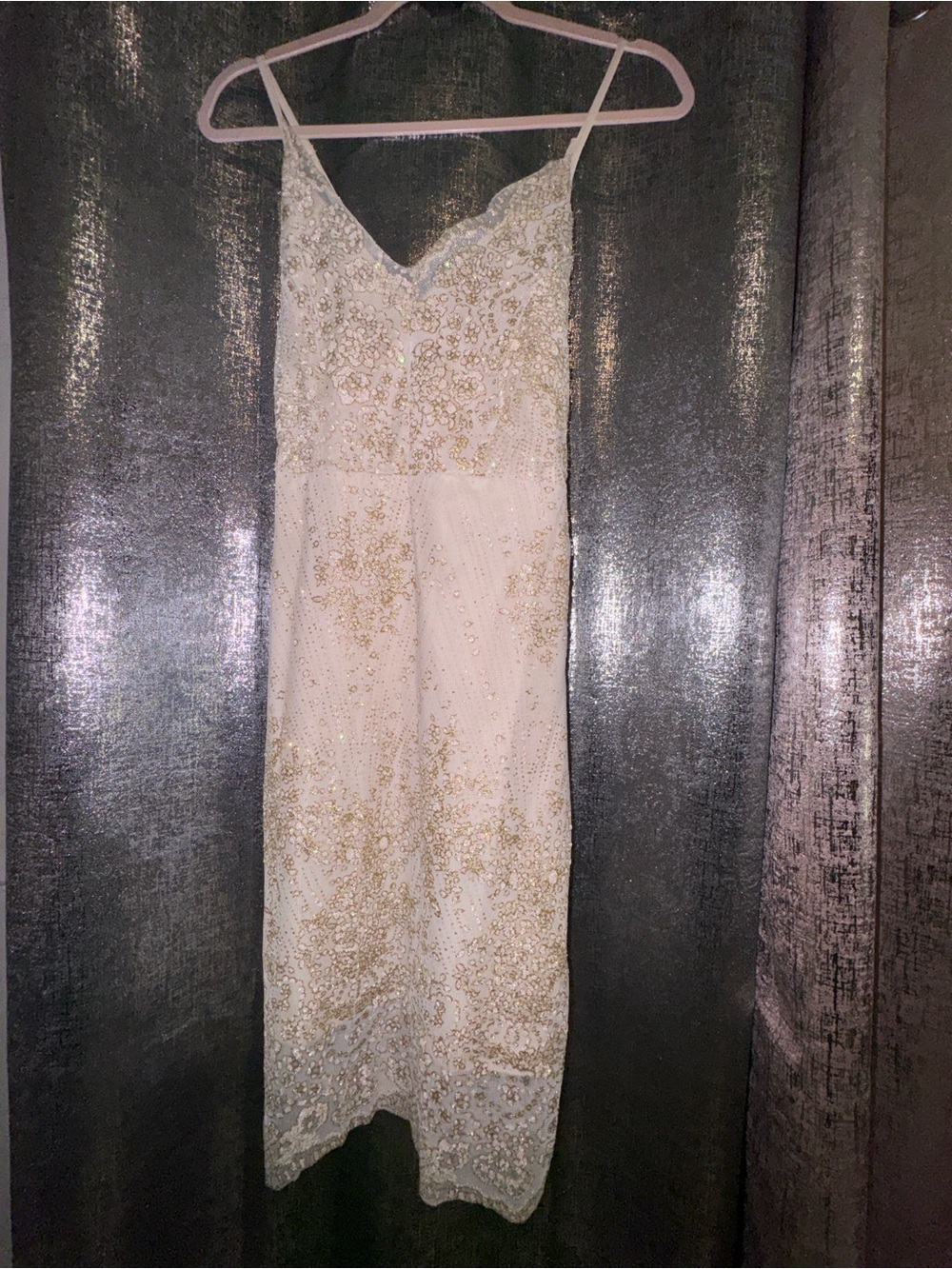 Elegant Ivory Spaghetti Strap Slip Dress with Gold Embellishment